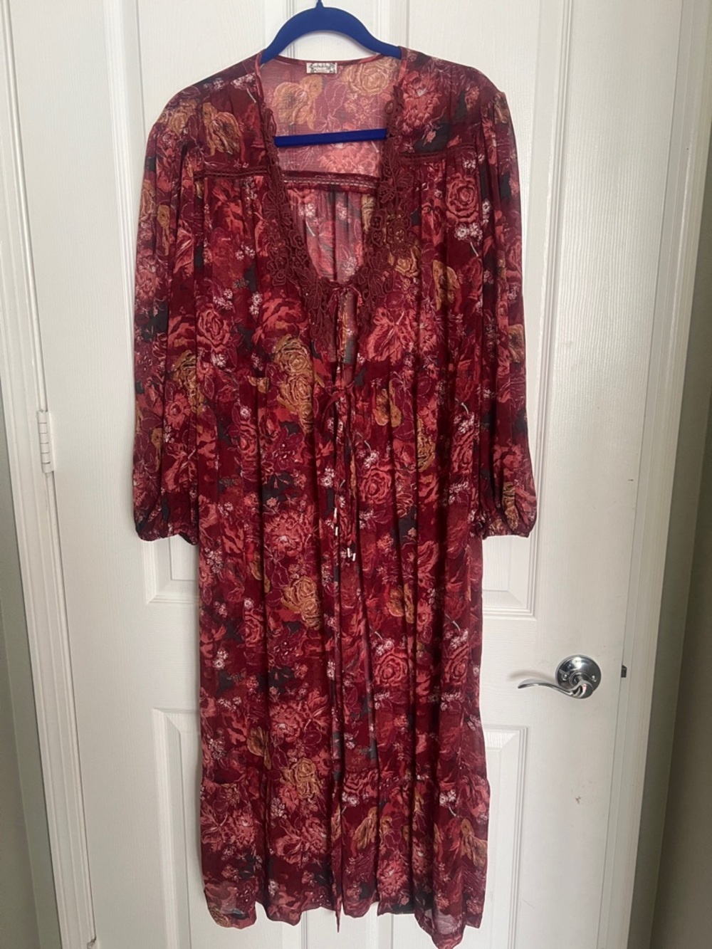 Free people intimately Tie-Front Maxi kimono duster in Deep Red